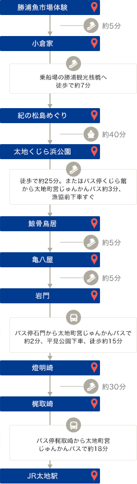 勝浦魚市場体験 約5分→ 小倉家 乗船場の勝浦観光桟橋へ → 紀の松島めぐり 約40分→ Boulangerie Le Bois 徒歩で約25分→ 鯨骨鳥居 約5分→ 亀八屋 約5分→ 岩門 徒歩約15分→ 燈明崎 約30分→ 梶取崎 約18分→ JR太地駅